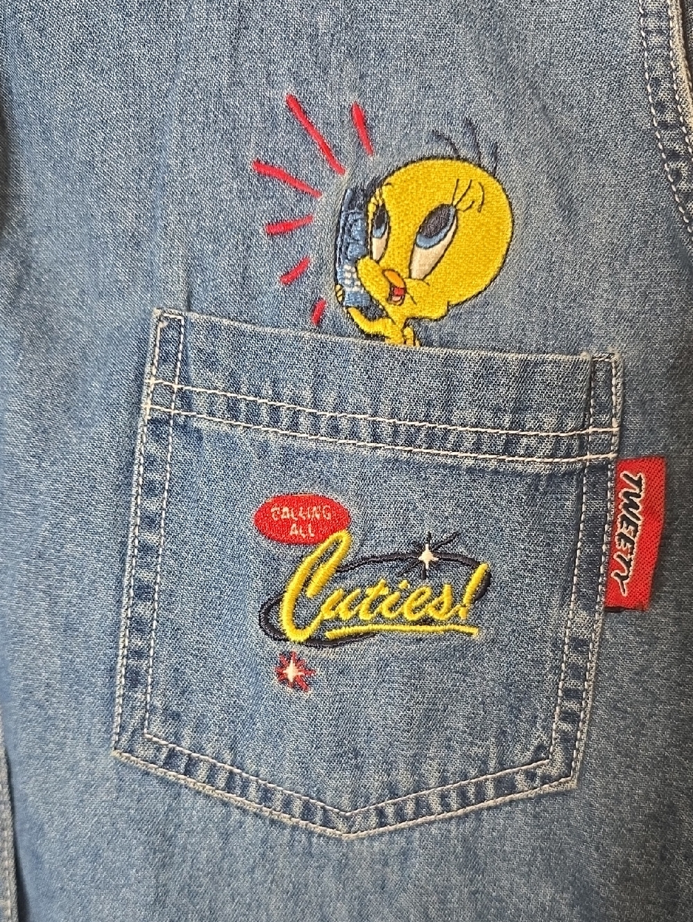 Y2k Warner Bros. Looney Tunes Denim Shirt with Tweety Bird - Picture 2 of 7